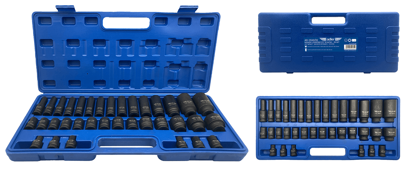Zestaw nasadki udarowe 12-kątne Cr-Mo krótkie + długie 1/2" 35szt AD-35KD/12